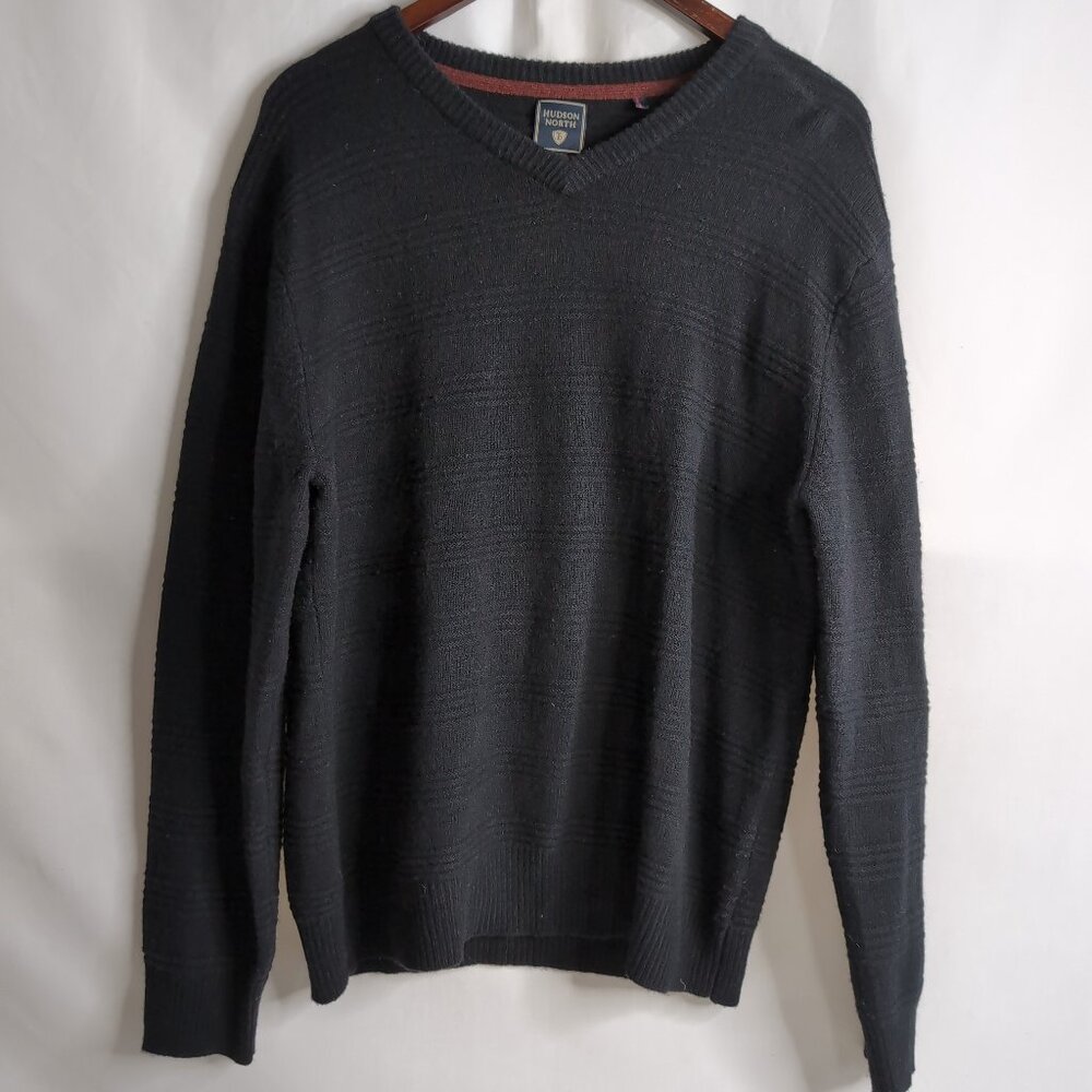 Hudson North Men's Black Lambswool Pullover V-Neck Sweater, Medium